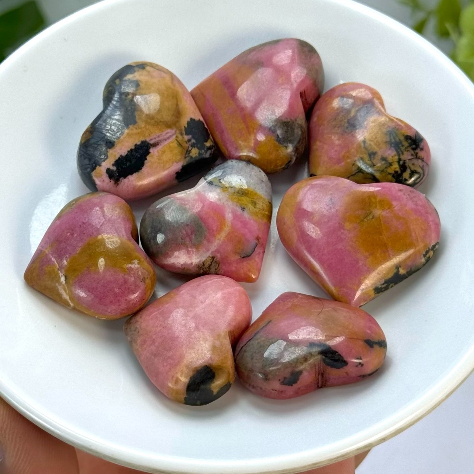 Pink Polished Rhodonite Crystal Heart Stones, Rhodonite Polished Pink Heart Ston