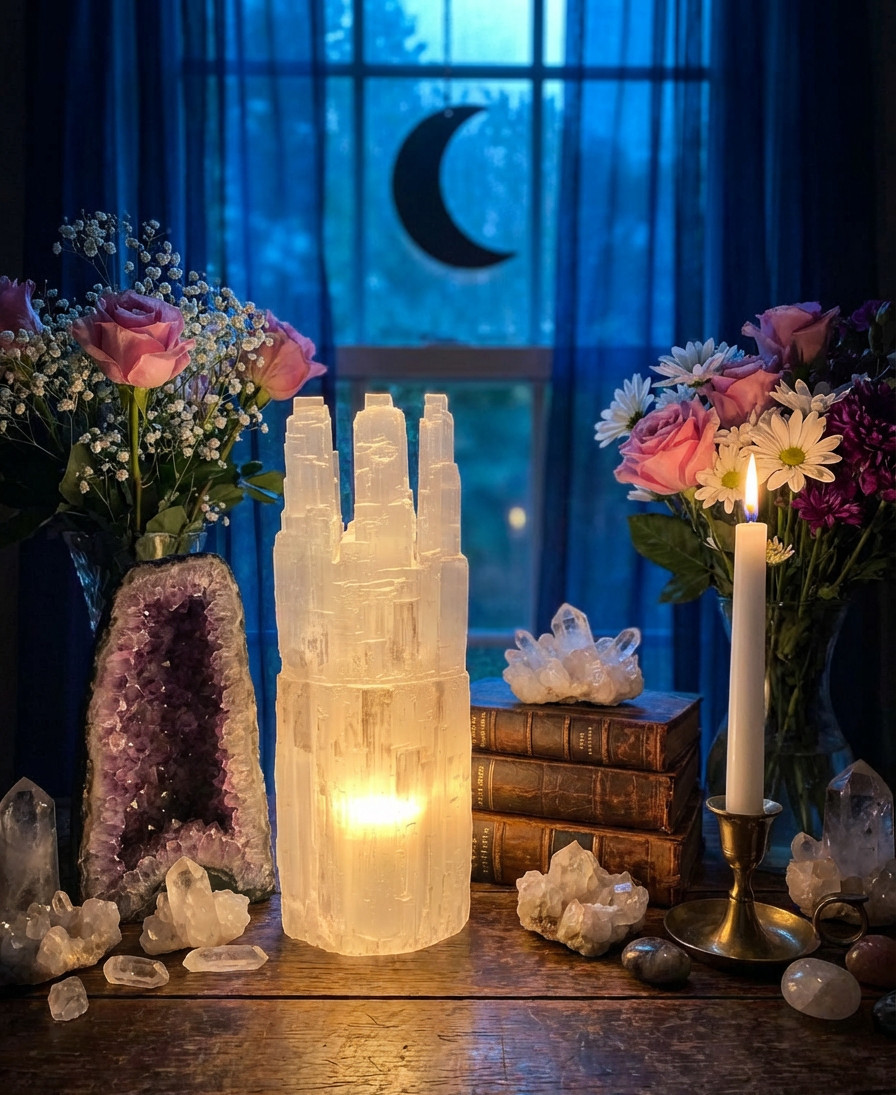 XX-LARGE SELENITE CRYSTAL TRIPLE TOWER LAMP – STANDING DISPLAY HEALING CRYSTAL