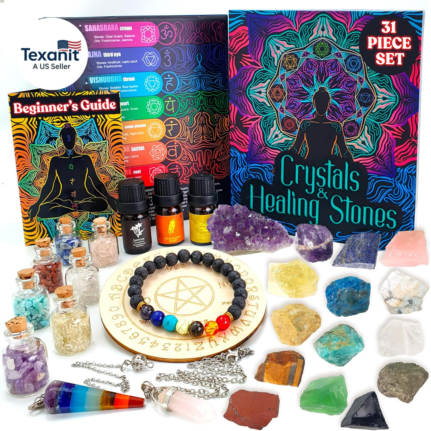 Crystals and Healing Stones Set 31Pcs – Healing Crystals & Stones – 14 Real Raw