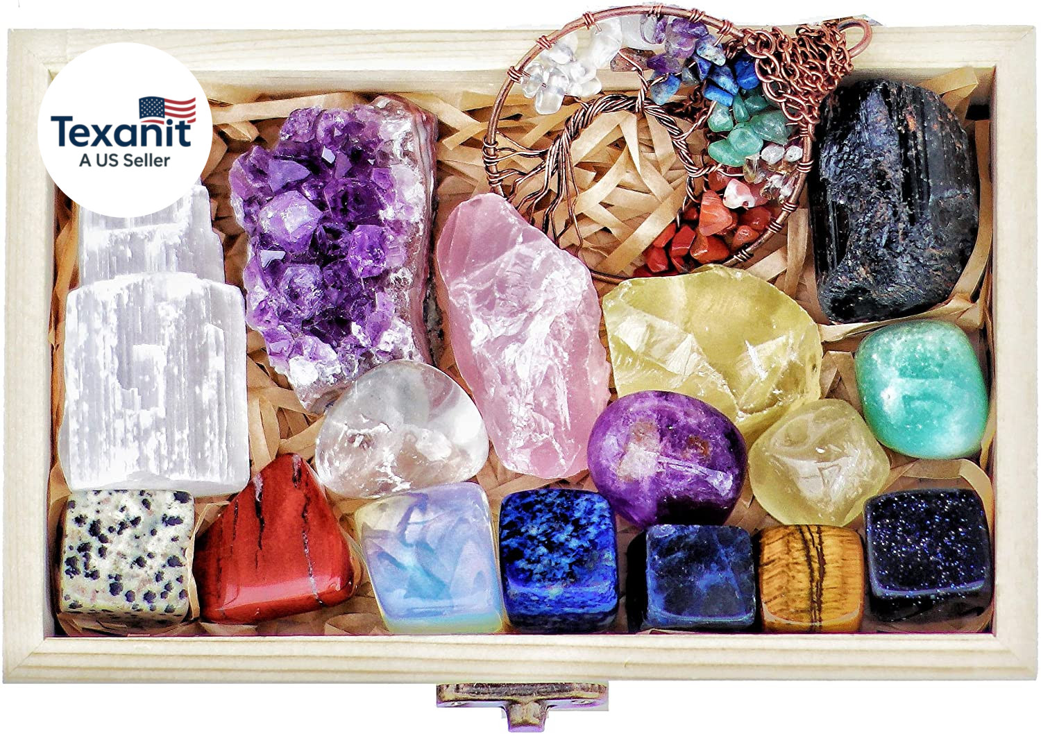16 LARGE Natural Healing Crystals Set in Wooden Box – Tumbled, Rough & Raw Cryst