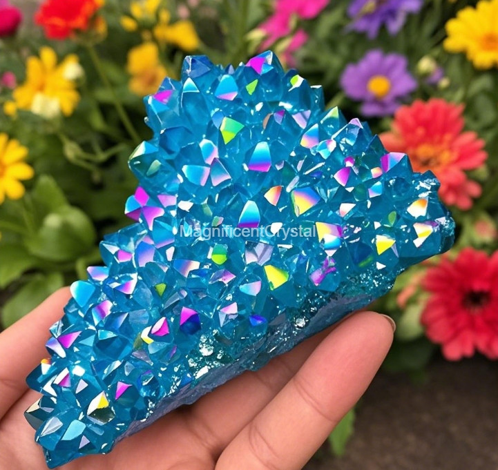 Titanium Aura Blue Quartz Crystal Healing Rainbow Cluster Geode Home Decor Gift