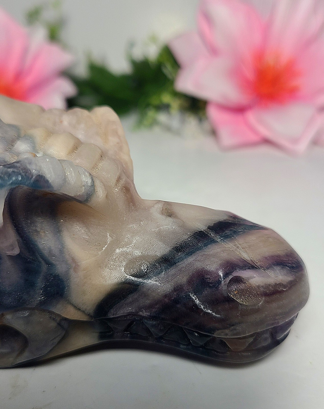 Large 5″ 303g Silky Fluorite Dragon Head Skull Crystal Stone Carving Statue
