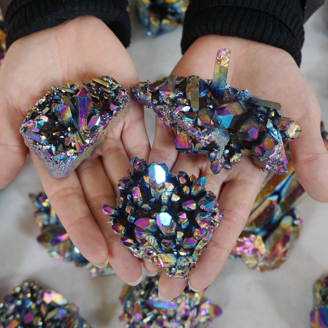 10LB 28Pcs Rainbow Aqua Aura Quartz Crystal Cluster Points Titanium Coating