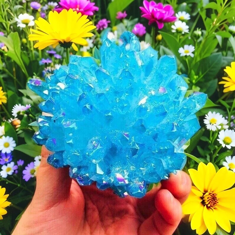 Titanium Aura Blue Crystal Rainbow Quartz Cluster Natural Geode Rocks Specimens