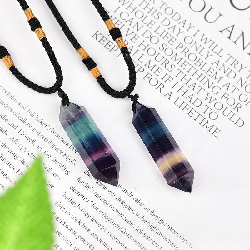 Natural Rainbow Fluorite Quartz Crystal Pendant Reiki Healing Gemstone Necklace