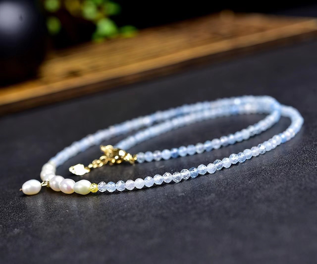 Aquamarine Pearl Necklace Tiny 2.5mm Beaded Healing Delicate Women Crystal