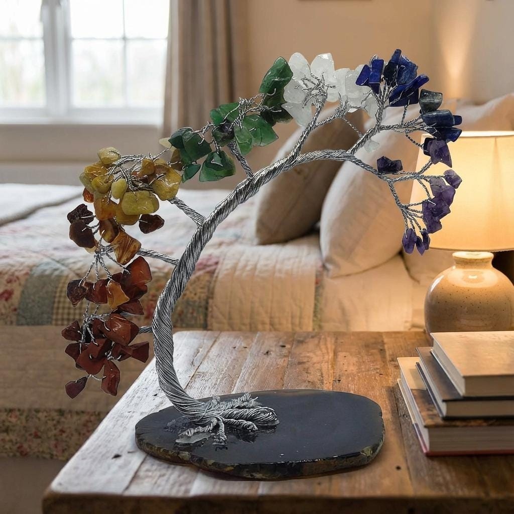 Premium 7 Chakra Gemstone Tree Decor, Mindfulness Table Accent, Gift Ready