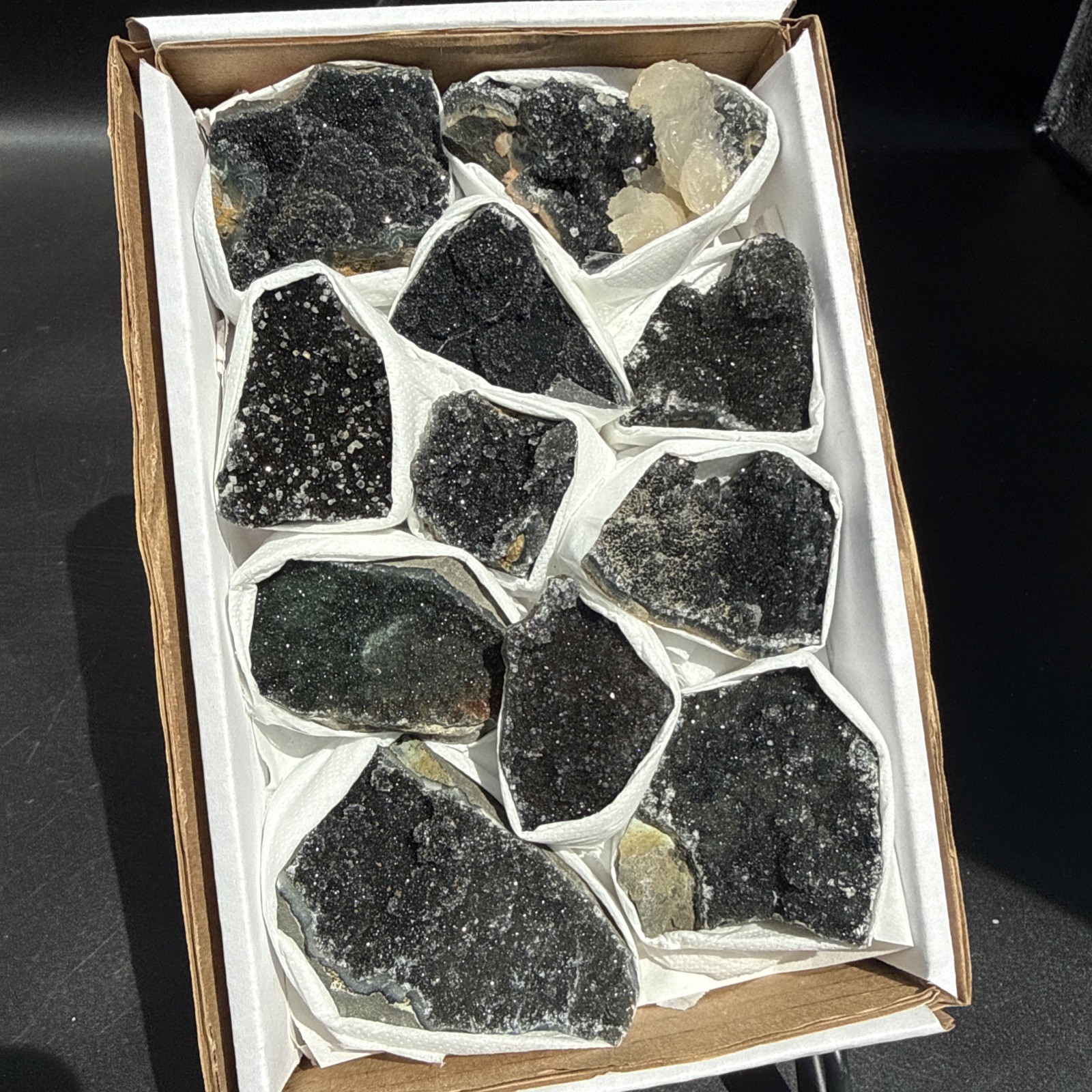 Natural Black Amethyst Zeolite With Calcite Flat! Whole Box! Crystals! Specimen!