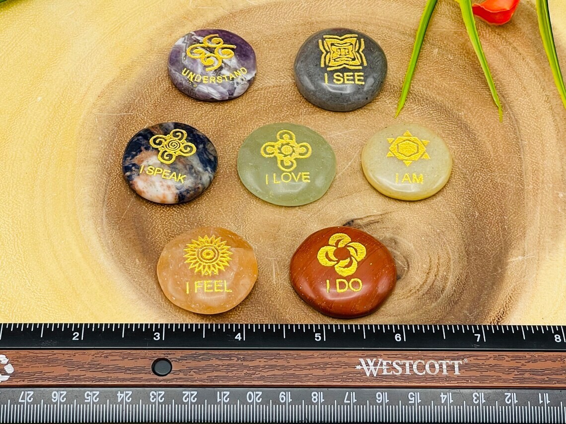 7 Chakra Round Palm Smooth Stone Set Engraved Affirmation Symbols, Velvet Pouch
