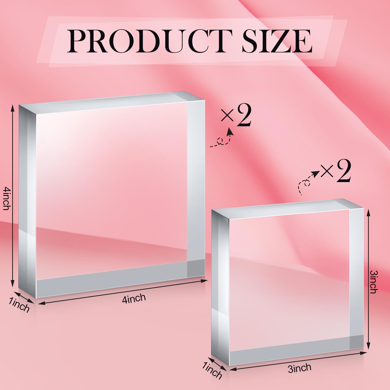4 Pieces Acrylic Square Display Block 3 x 3 x 1 Inches, 4 x 4 x 1 Inches Clea…
