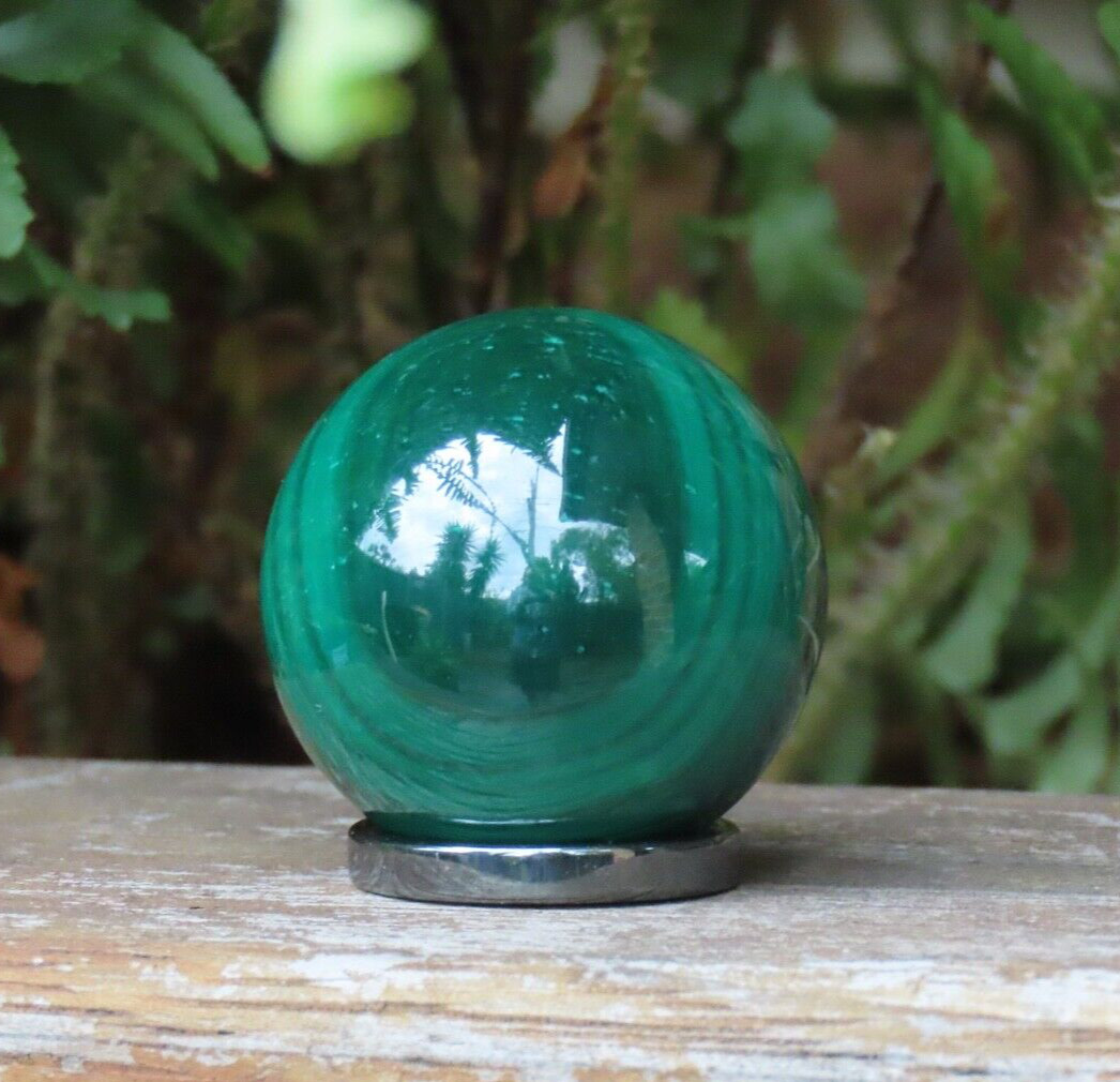 A Grade Polished Rare Malachite Green Crystal Mineral Sphere With Ring 76 Grams