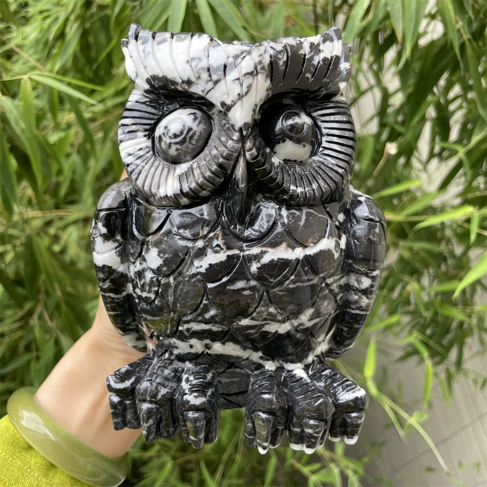 7.1LB 6.1″ Black And White Zebra Jasper Owl Statue Crystal Reiki Carving Decor