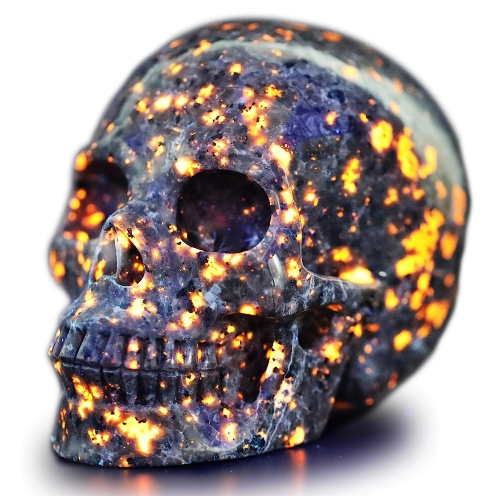 Natural Yooperlite Stone Skull Sculpture 2″ UV-Reactive Quartz Halloween Decor,
