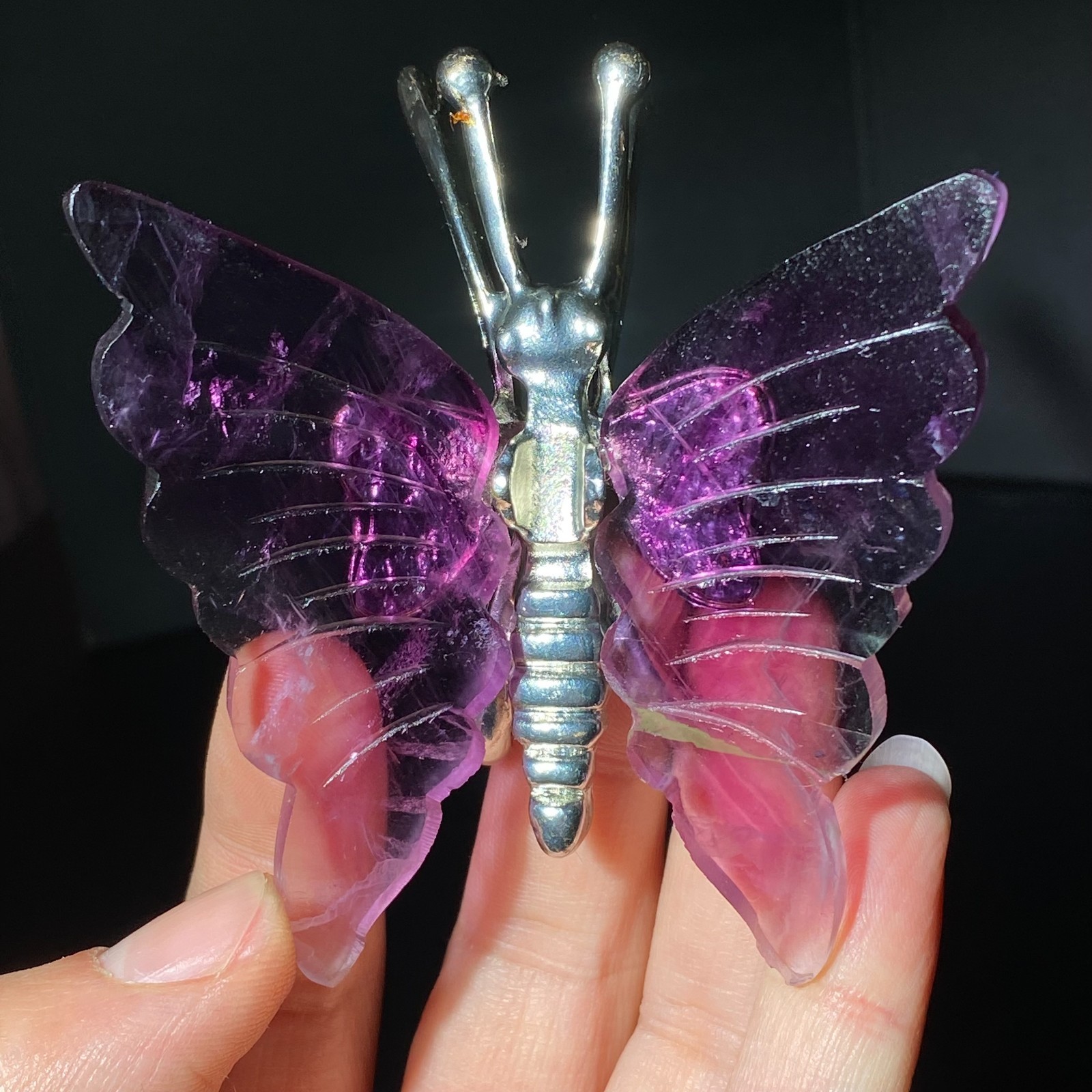 Natural Crystal Fluorite Butterfly Wings Healing Statue Decor + Stand
