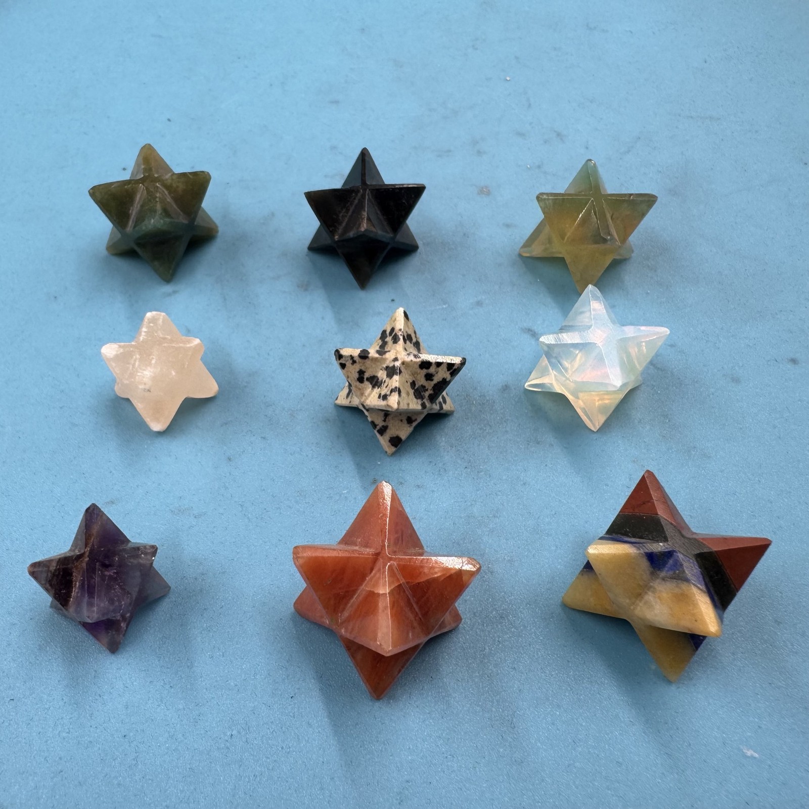 Set of 9 Merkaba Star Crystals in Velvet Gift Bag Mixed Gemstone Collection