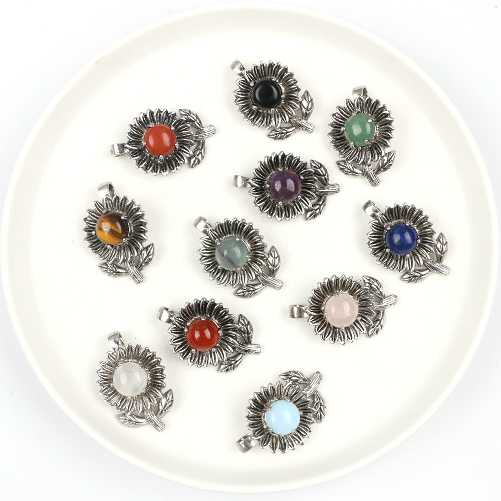 1pc Chakra Crystal Sunflower Pendants Round Beads Quartz Gemstones Healing Reiki