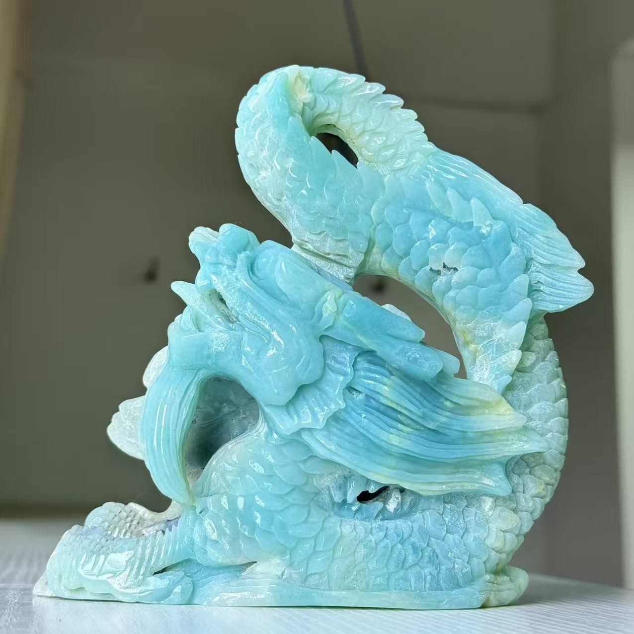 1.6LBHand Carved Natural Caribbean Calcite Chinese Dragon Statue Healing Crystal