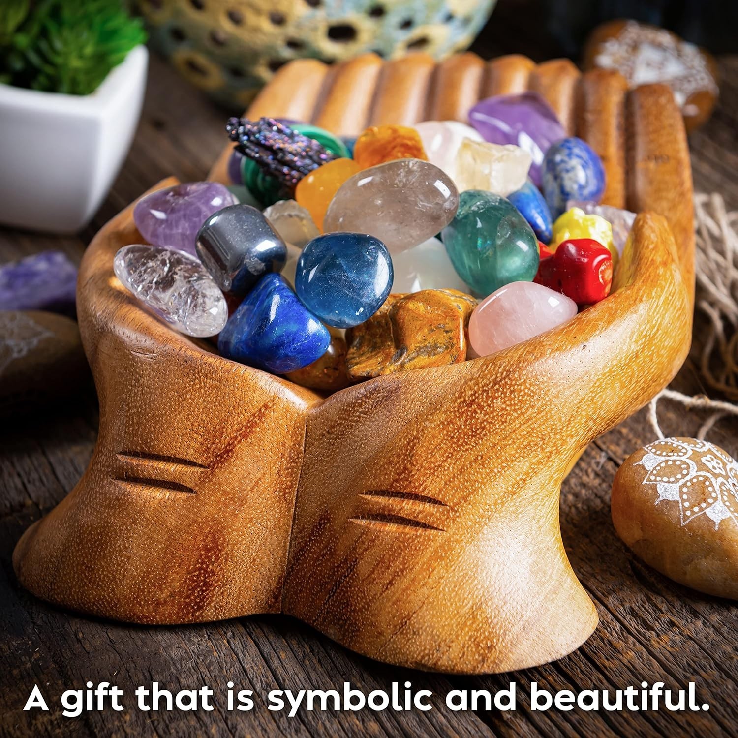 Carved Hands Offering Bowl – Crystal Holder for Stones, Rock Collection Holde…