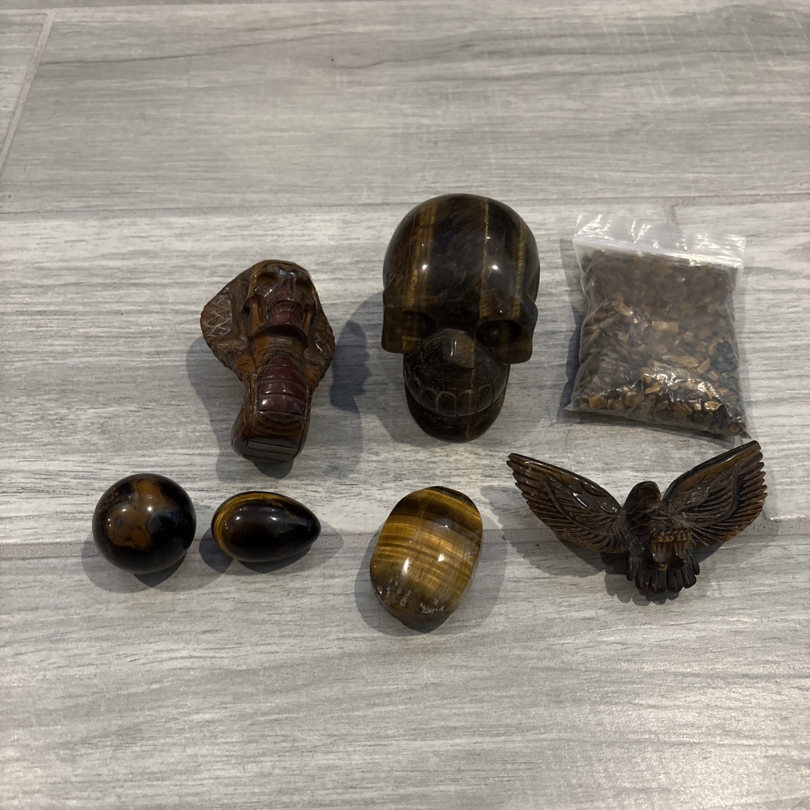 Lot 12 Tiger Iron Eye Items 3”skull , Snake Palm Stone Sphere Egg Chip Bag Flash