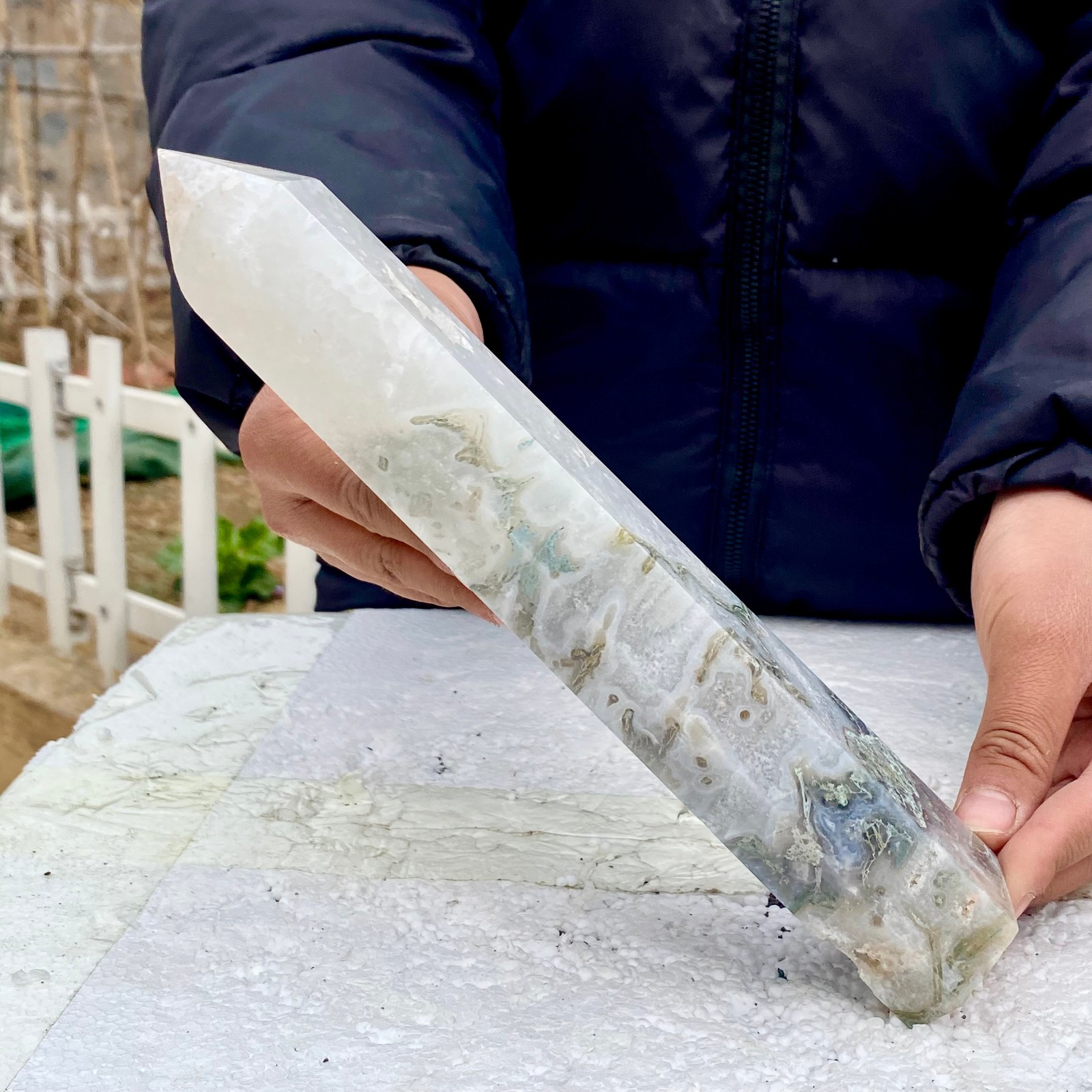 1.76LB Natural green moss agate quartz crystal obelisk aura healing