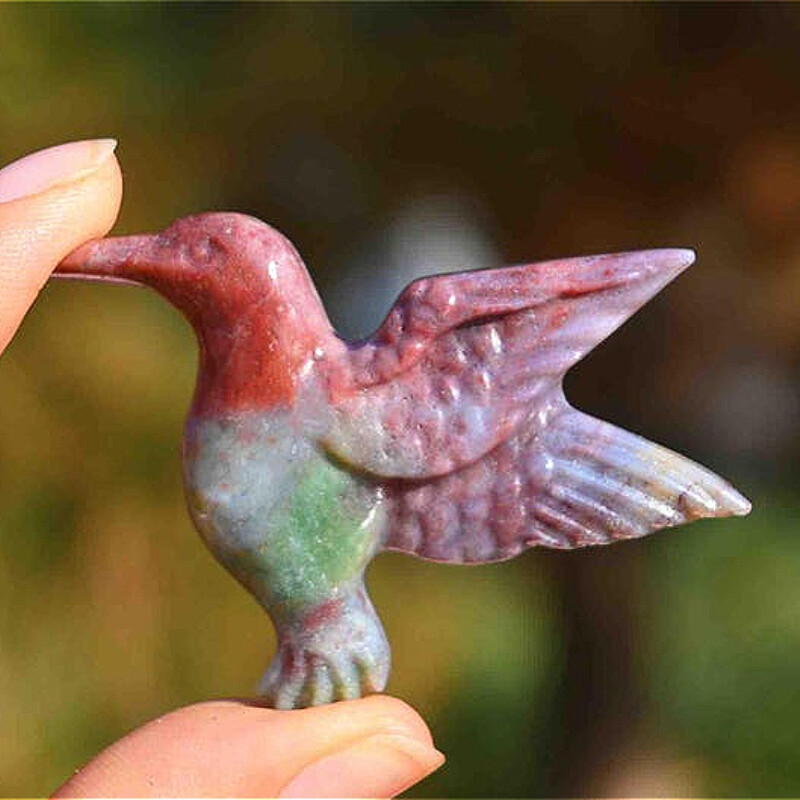 1.6” Natural Ocean jasper Hummingbird Reiki Crystal bird carved heal gift decor
