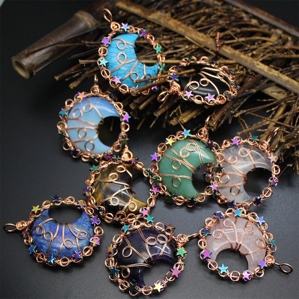 Natural Wire Wrap Crystal Moon Star Pendant Stone Quartz Jewelry Healing Reiki