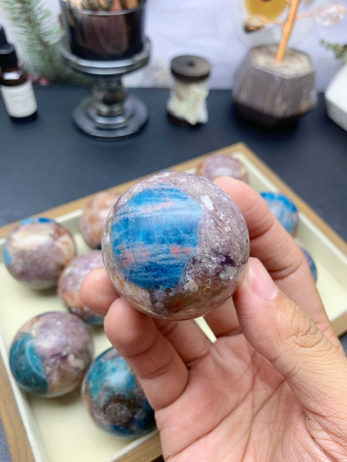 5cm Crystal Ball, Blue Apatite Sunstone Purple Mica Resin Composite Wooden Stand