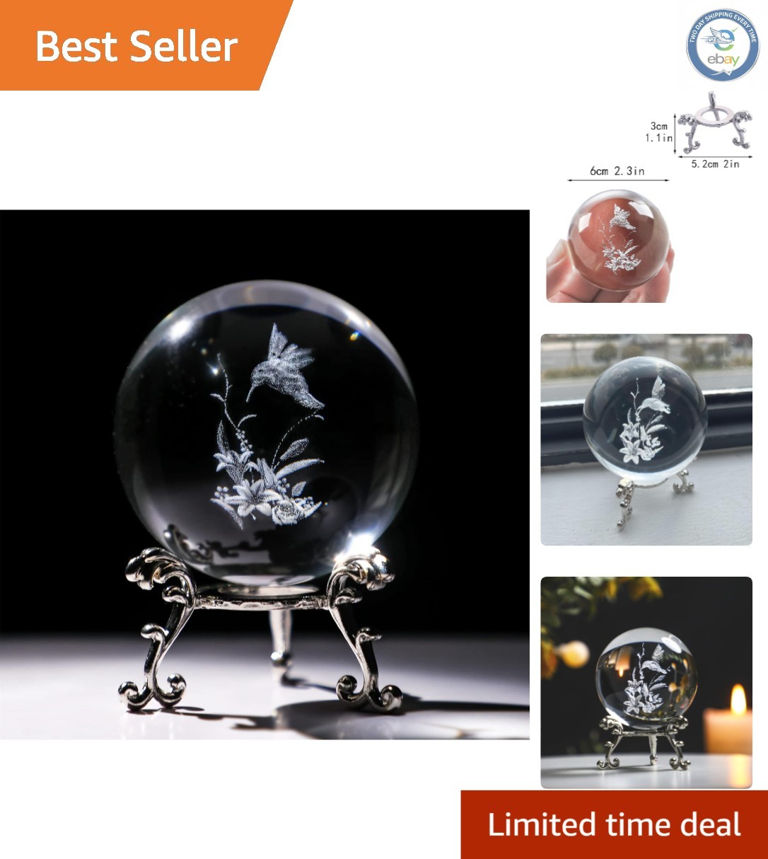 Handmade 60mm Hummingbird Crystal Sphere with Metal Base – Perfect Gift Option