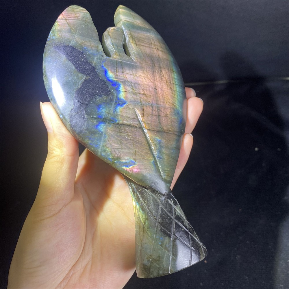 0.7LB 6″Natural A++Labradorite Angel Statue Crystal Reiki Carving Heal Decor