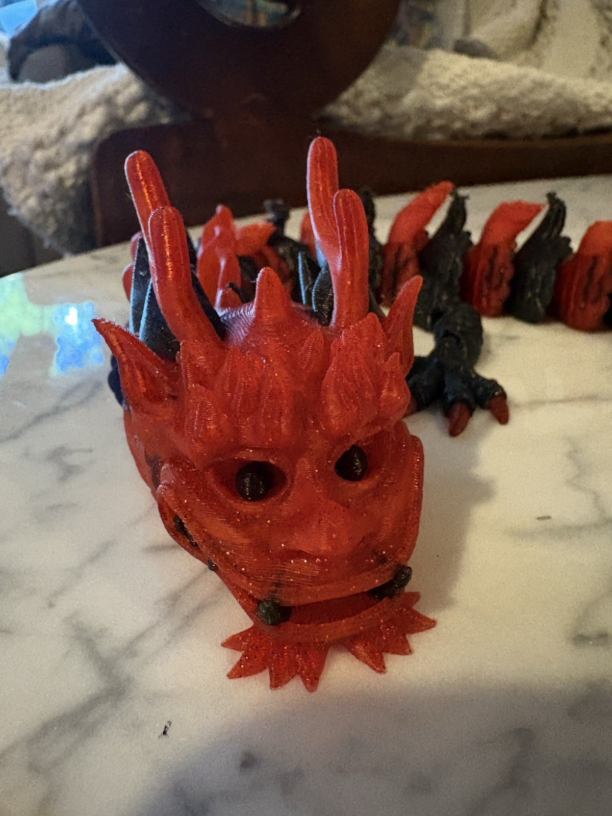 26” Long 3-D printed articulating dragon Chinese New Year Red Black Horns