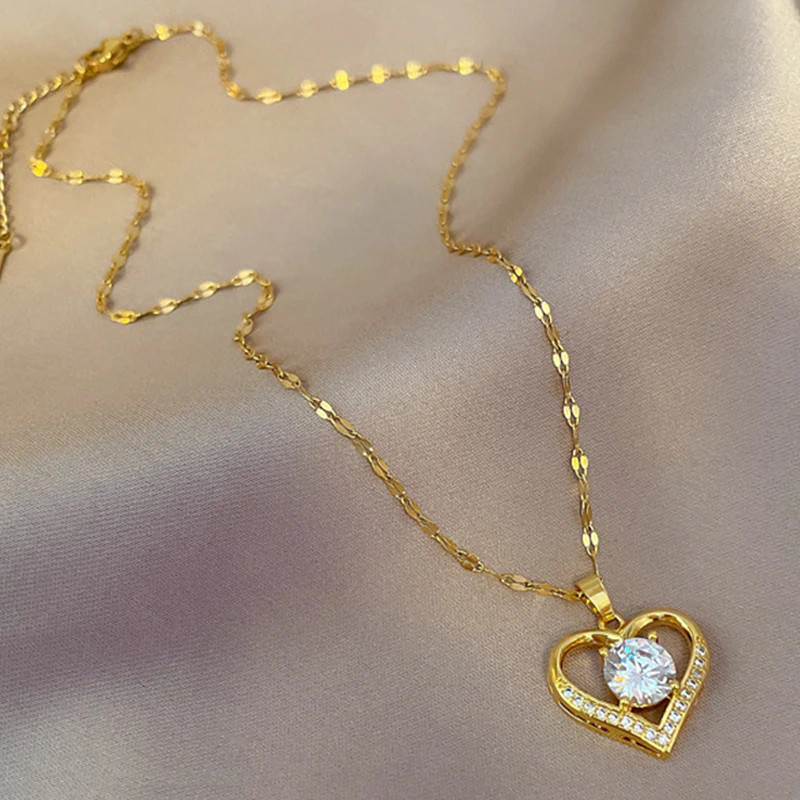 Women’s Fashion Jewelry Gold Heart Cubic Zircon Pendant Necklace Gift 1PC