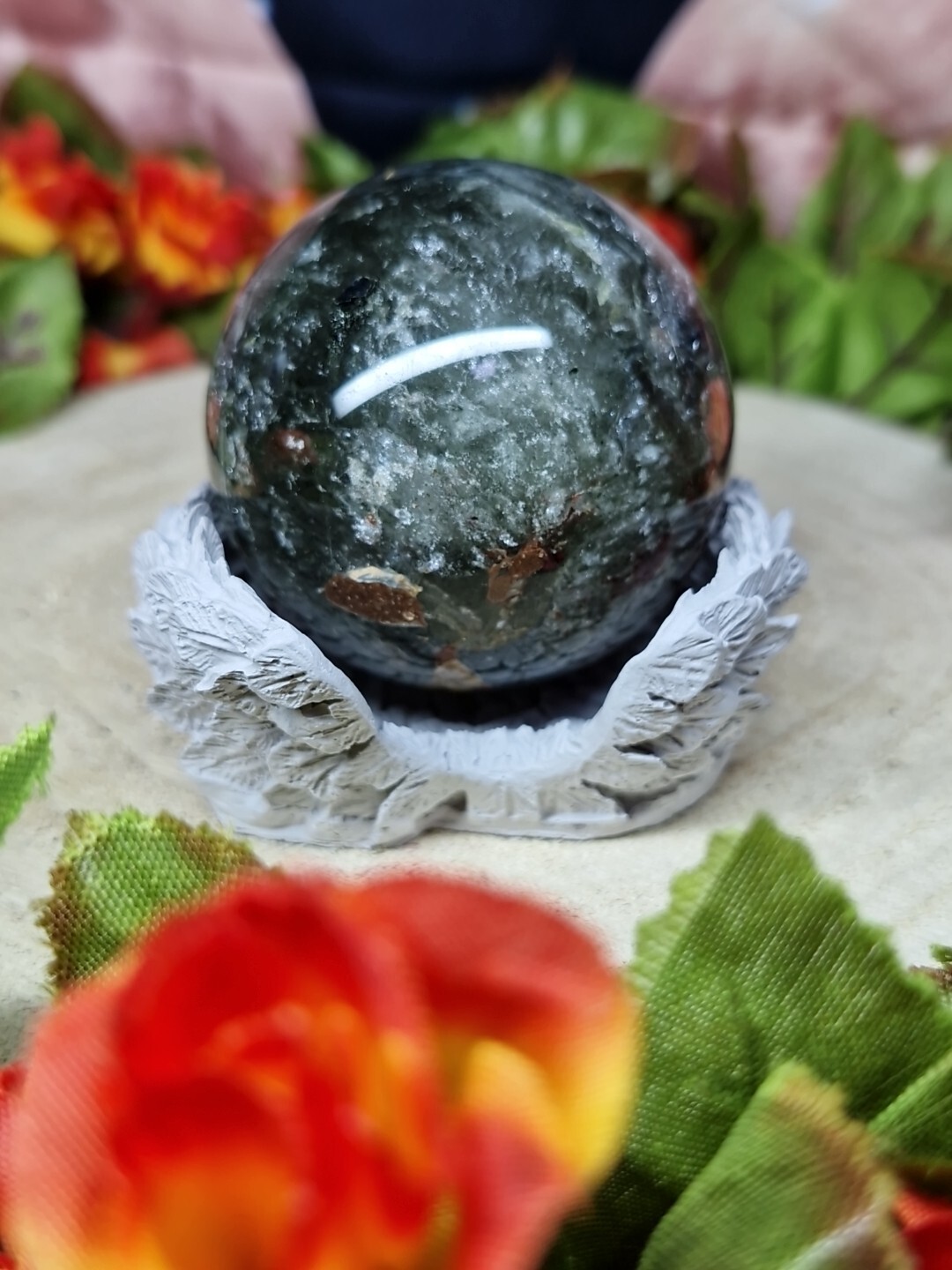 Beautiful Garden Quartz Crystal Sphere 5cm 176g & Handmade Wing Holder
