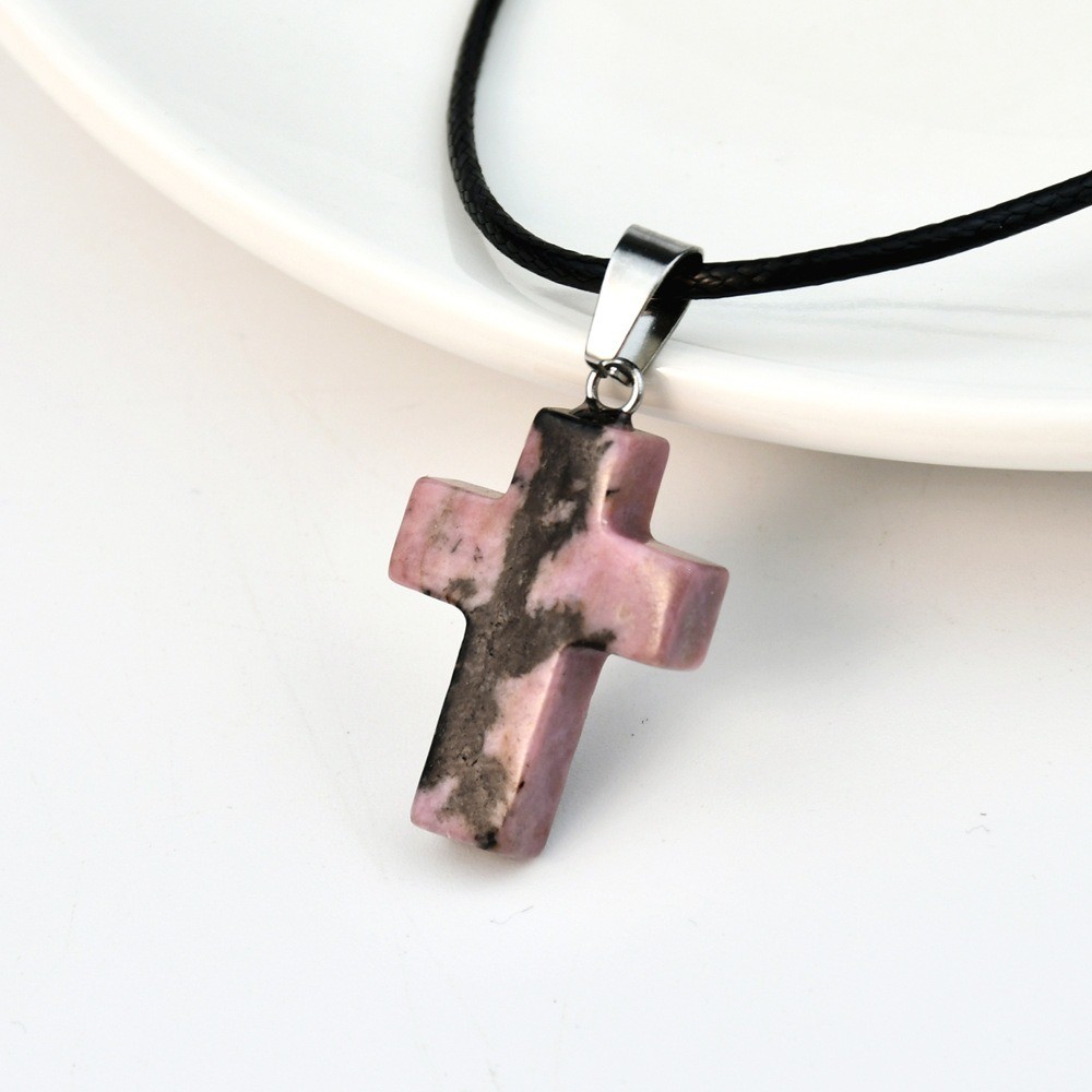 Fashion Crystal Cross Pendant Necklace Mixed Charms on Leather Rope Jewelry
