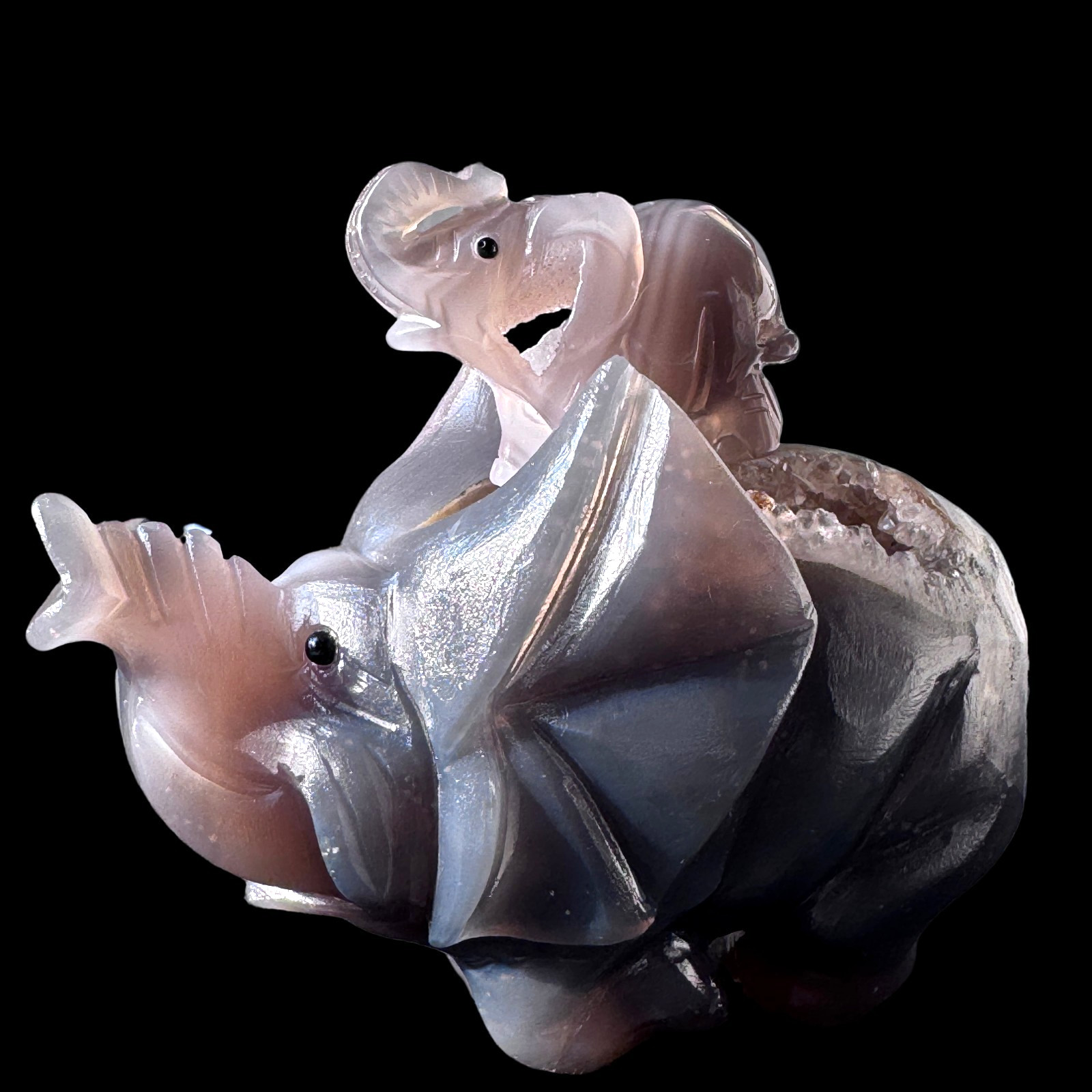 Agate Geode Elephant Sculpture – Carved from a Natural Cave of Stone & Crystal
