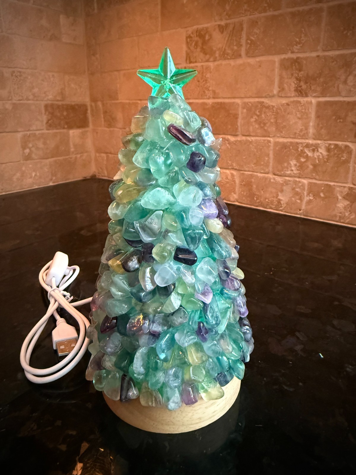 Natural Green Rainbow Fluorite tumbles crystal USB Tree light #2