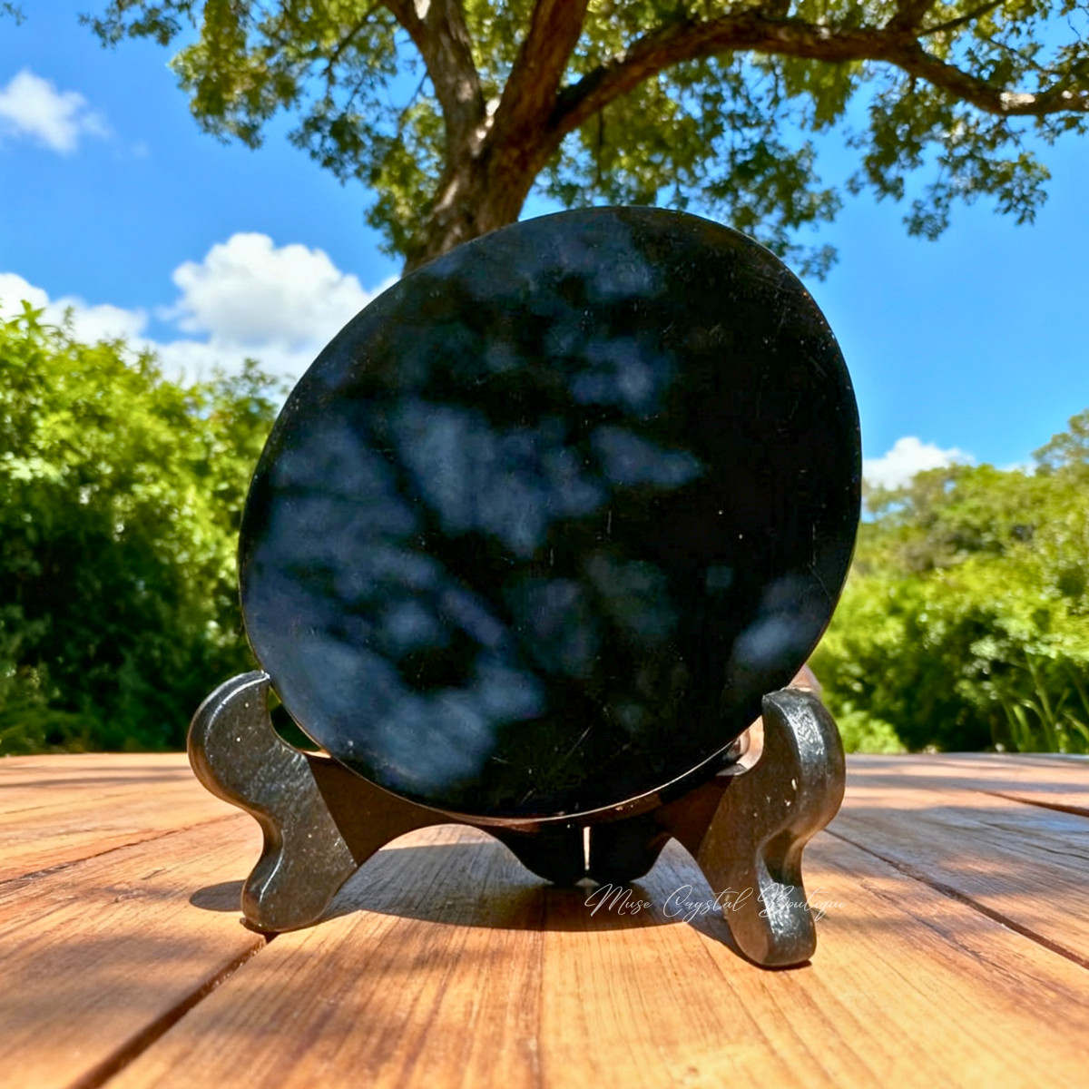Obsidian Scrying Mirror Black Crystal Plate with Stand Home Decor Healing Gift