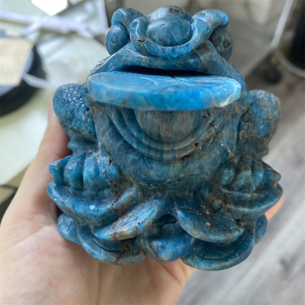 2.2LB 4″Natural A+Blue Apatite Golden Toad Statue Crystal Reiki Carving Decor