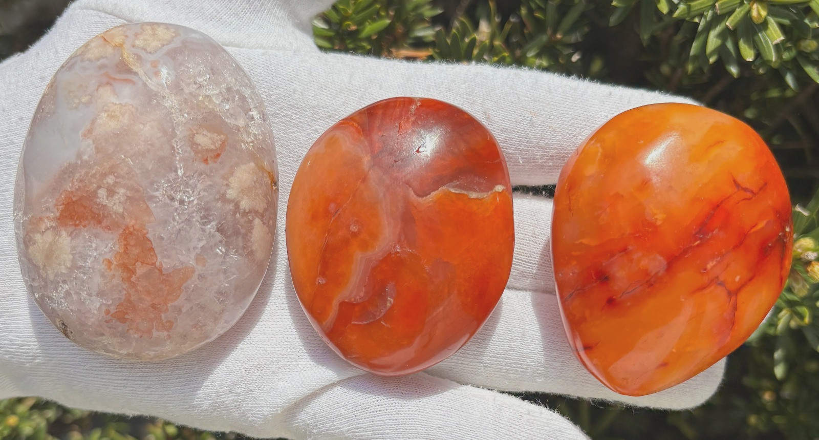 277g LOT 3 AGATE PALMSTONES FLOWER BLOSSOM & RED AGATE Palm Stones Stone