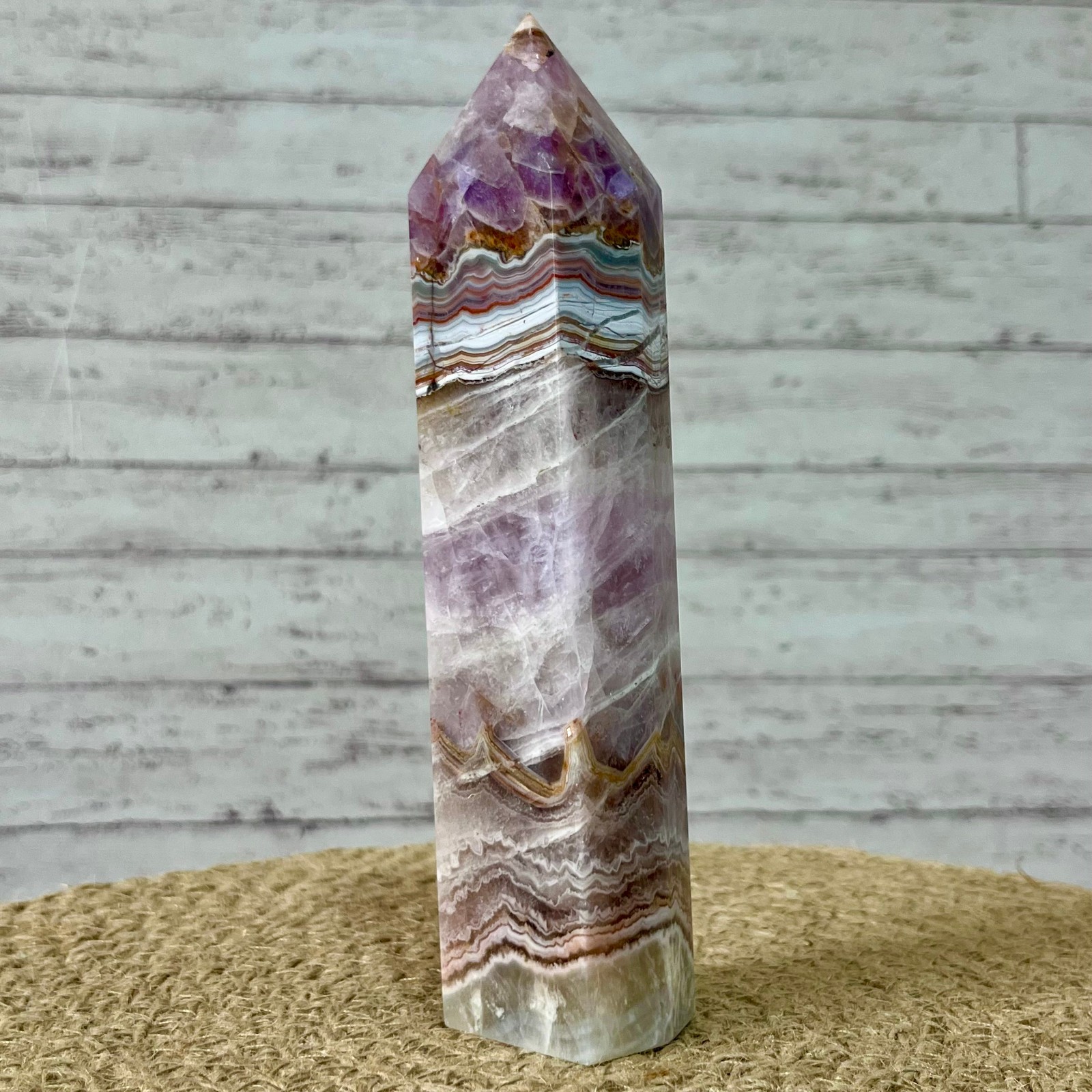 381 g Natural Amethyst Agate Tower Striped Pattern Crystal Obelisk