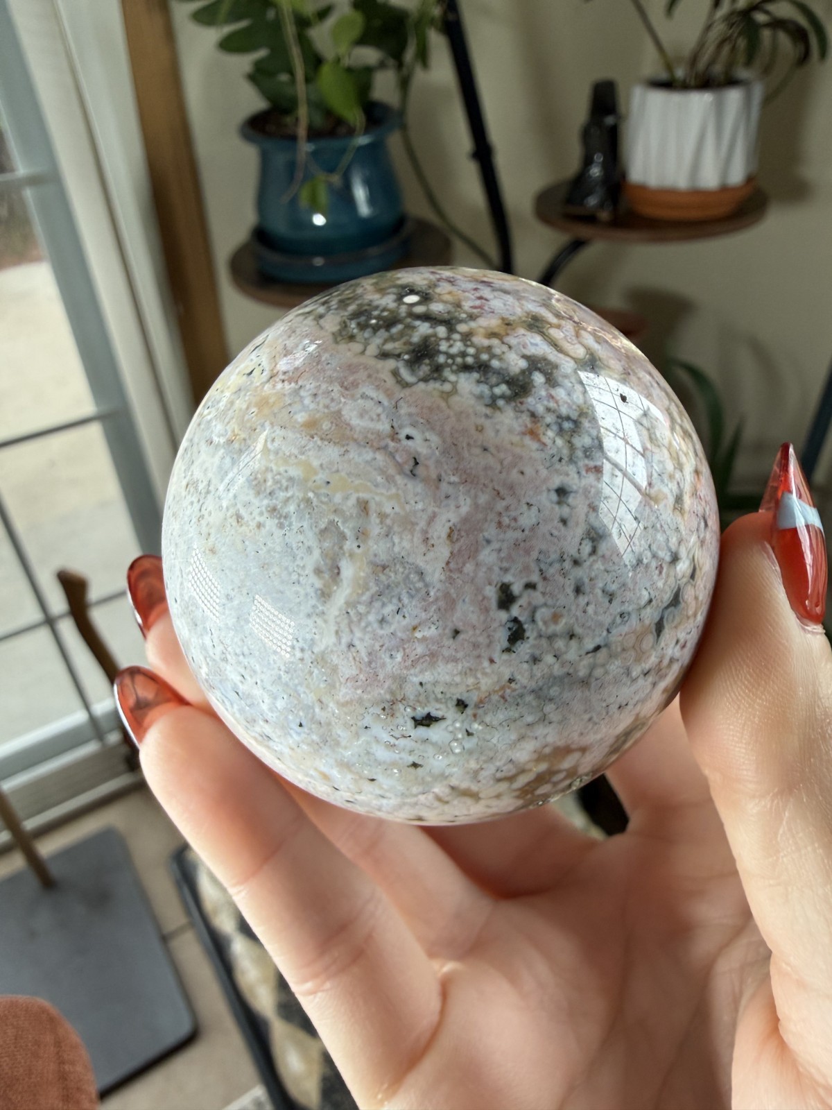 8th Vein Ocean Jasper Sphere – Druzy – Pink, White, Blue & Green Orbs – 9.91 oz
