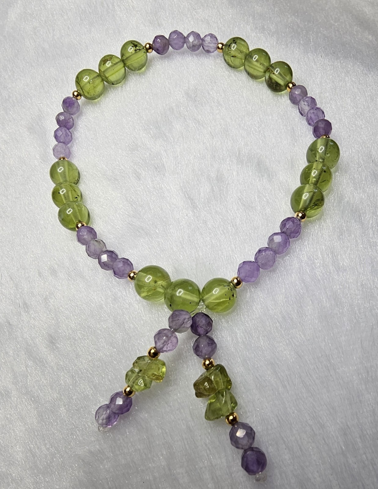 Peridot Crystal Bracelet 7mm Beads with Amethyst S925 Spacers 7 Inches Length