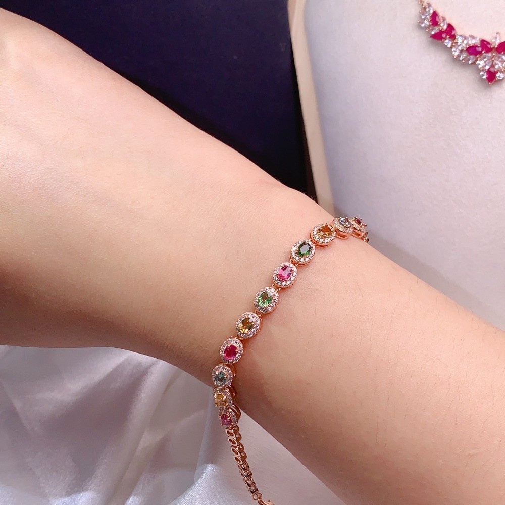 Natural Tourmaline bracelet Gemstone jewelry S925 Silver Plated 18K Gold Gift