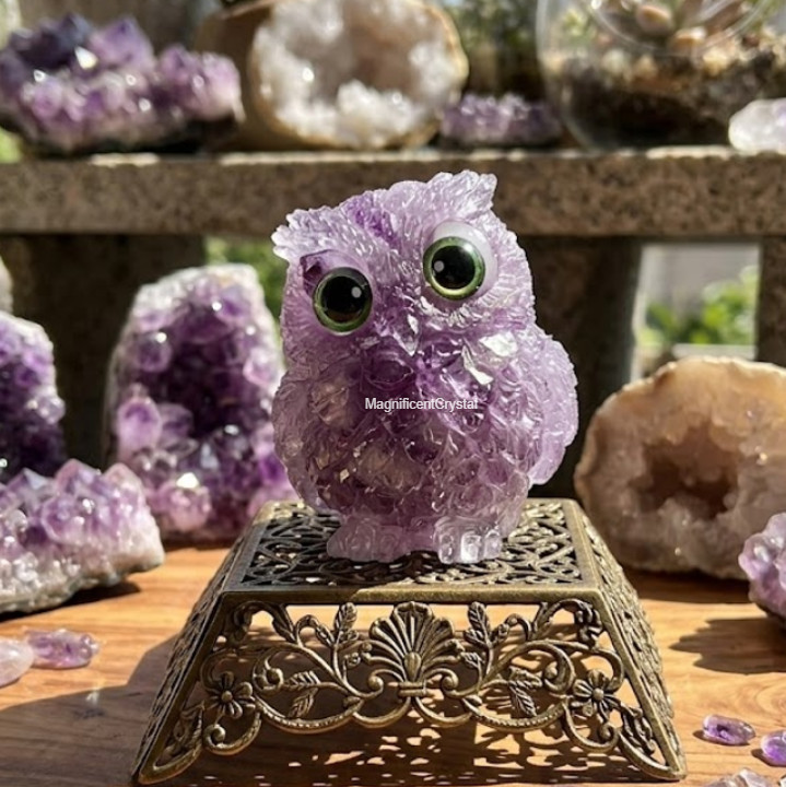 Natural Amethyst Crystal Owl Carving Birds Figurine Decor Healing Stone Animals