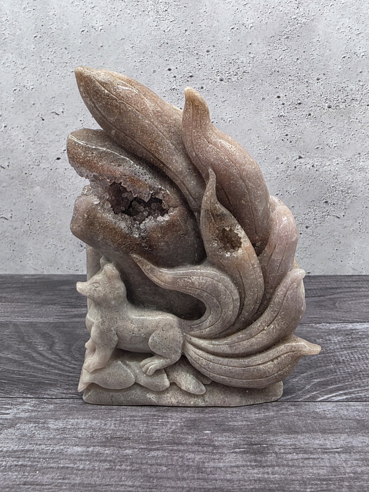Pink Amethyst Druzy 9 Nine Tailed Fox Hand Carved Crystal Sculpture 2lb 10oz