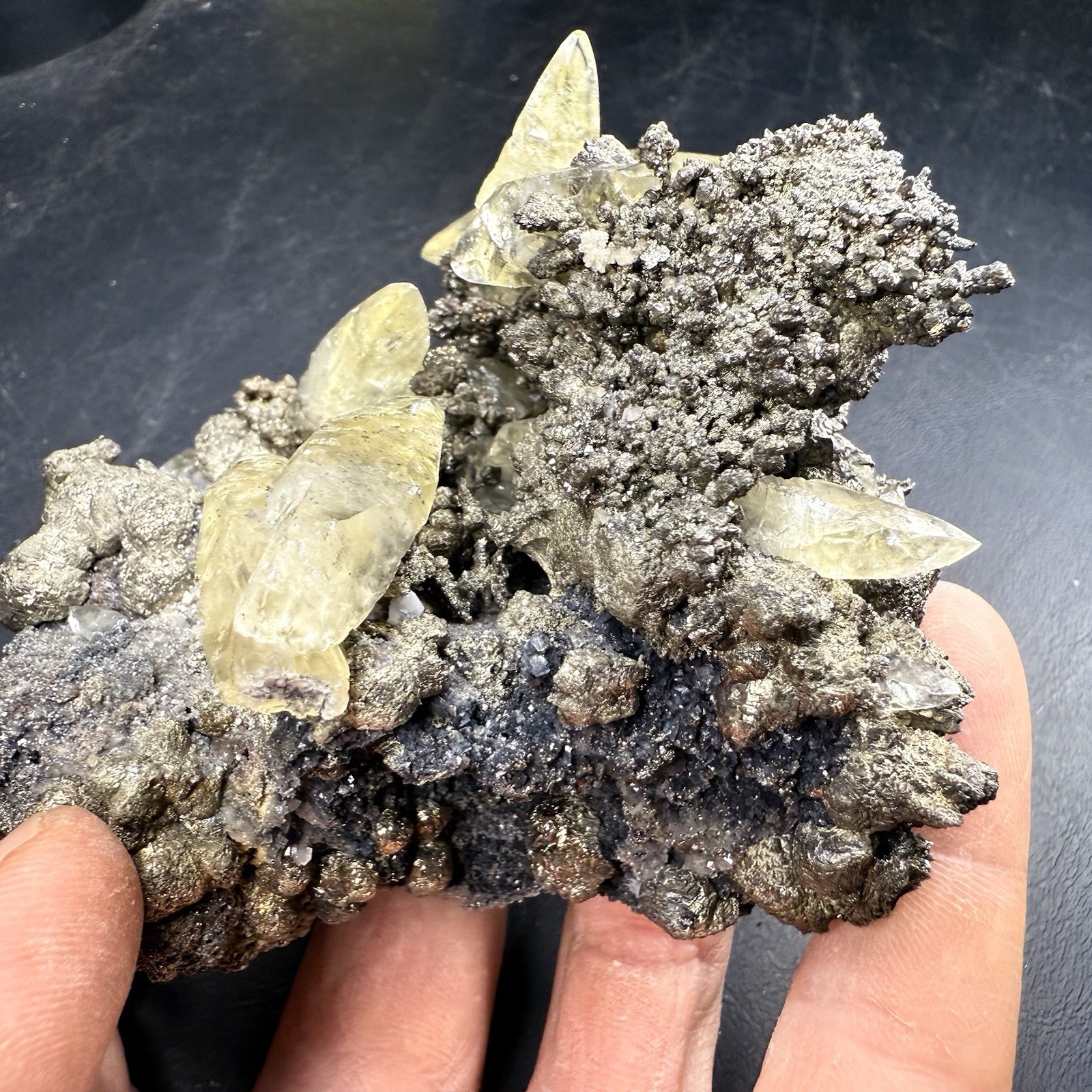 Golden Calcite Crystals on Chalcopyrite Pyrite Matrix / Missouri