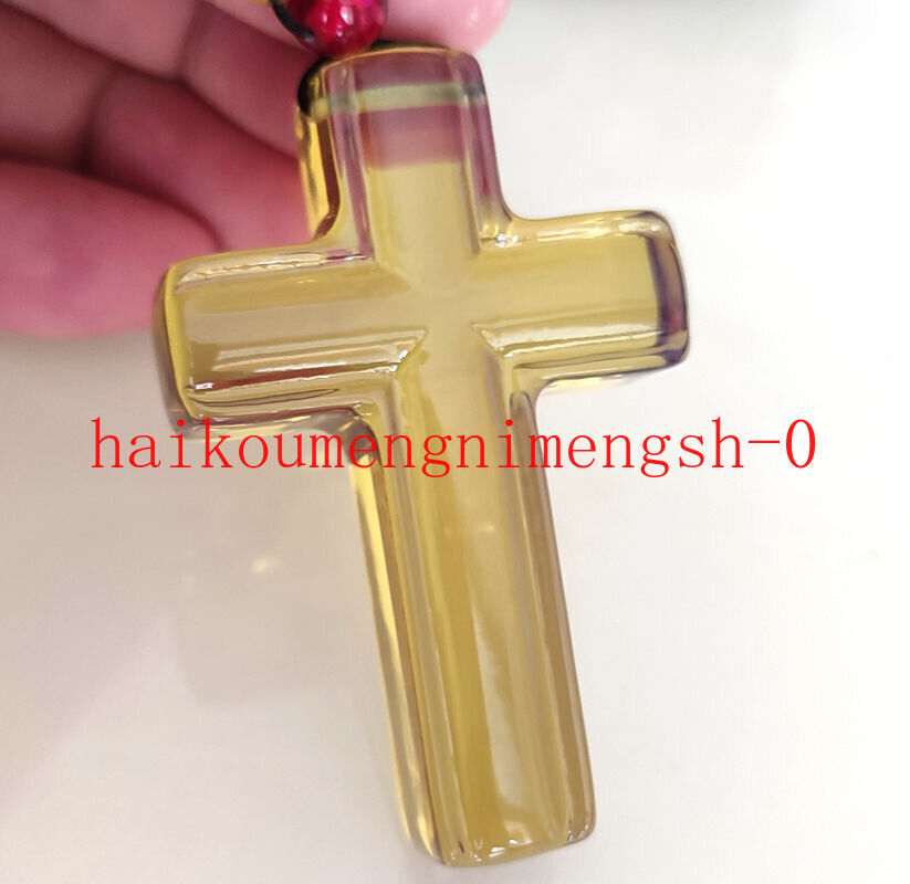 66mm Natural Green Blue Amber Christian Cross Pendant 6mm Beads Necklace