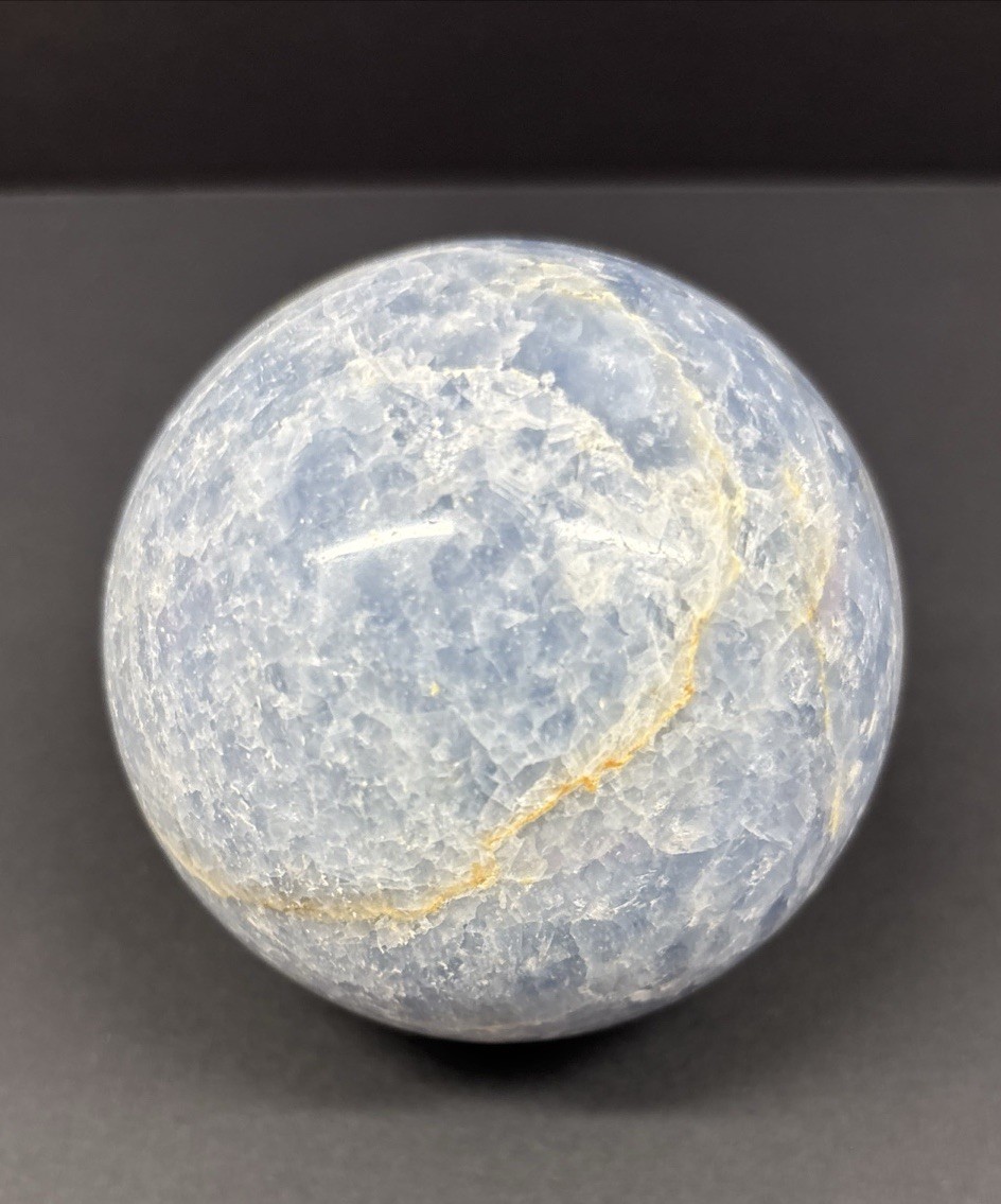 Polished Blue Calcite Sphere. 3.25” Diameter 82.55 mm—1 Lb 11 oz 765grams