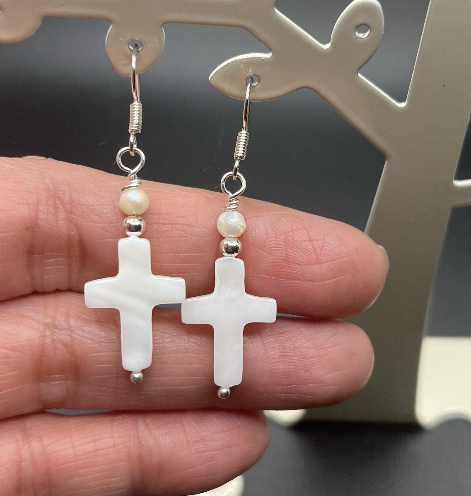 Genuine Cross Shaped Shell & Freshwater Pearl Handmade Earrings