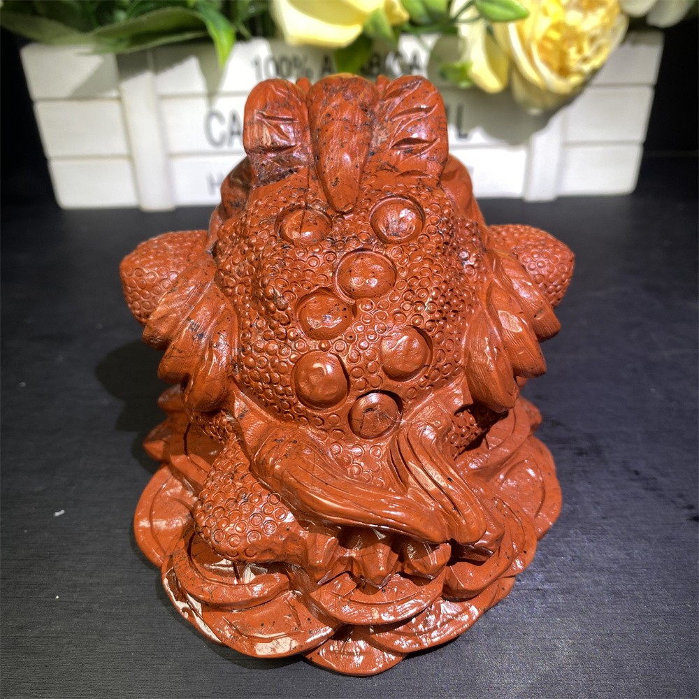 3LB 4.2″Natural A+Red Jasper Golden Toad Statue Crystal Reiki Carving Decor