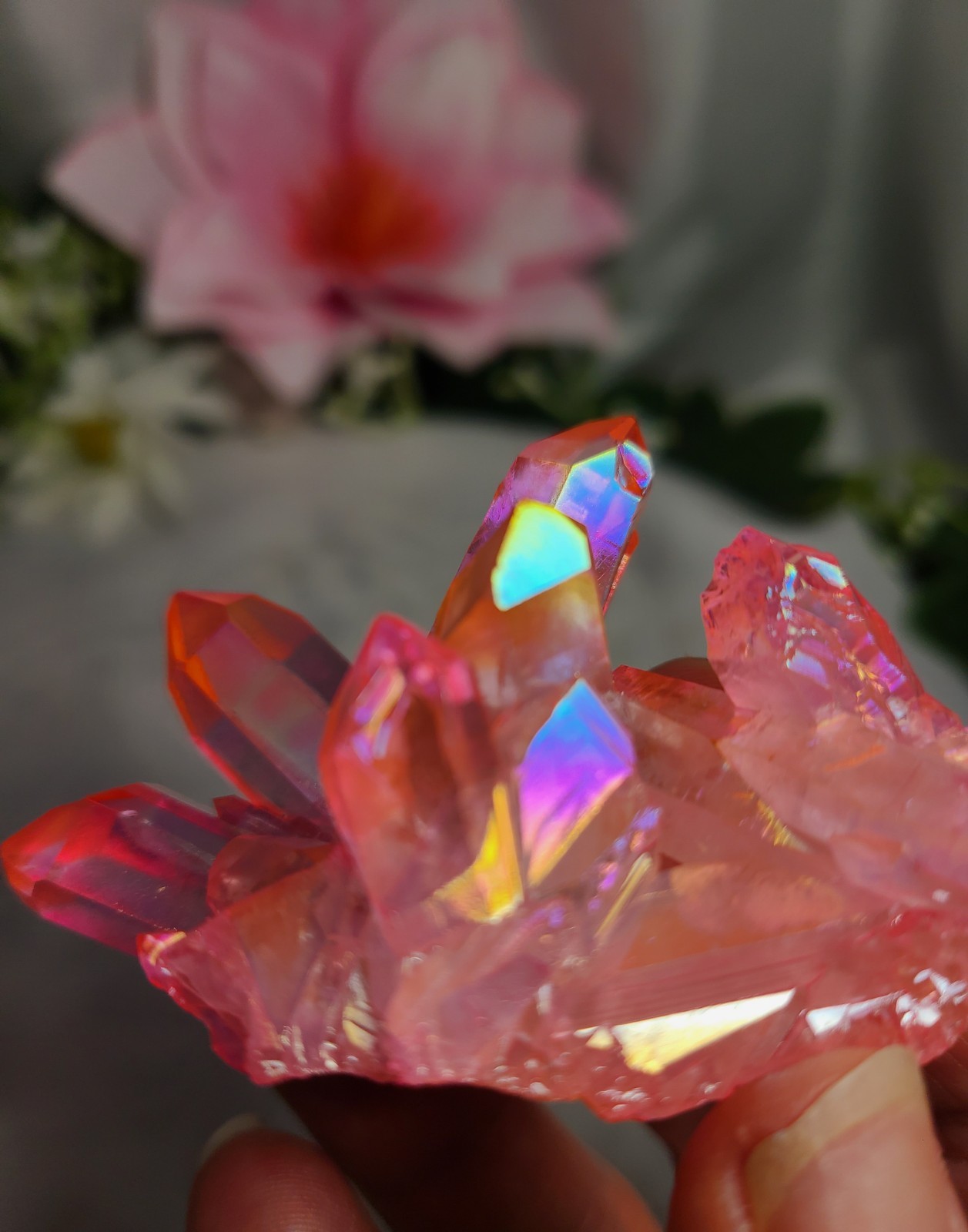 2.6″ 65g Beautiful Brazilian Pink Rainbow Aura Quartz Crystal Cluster Point